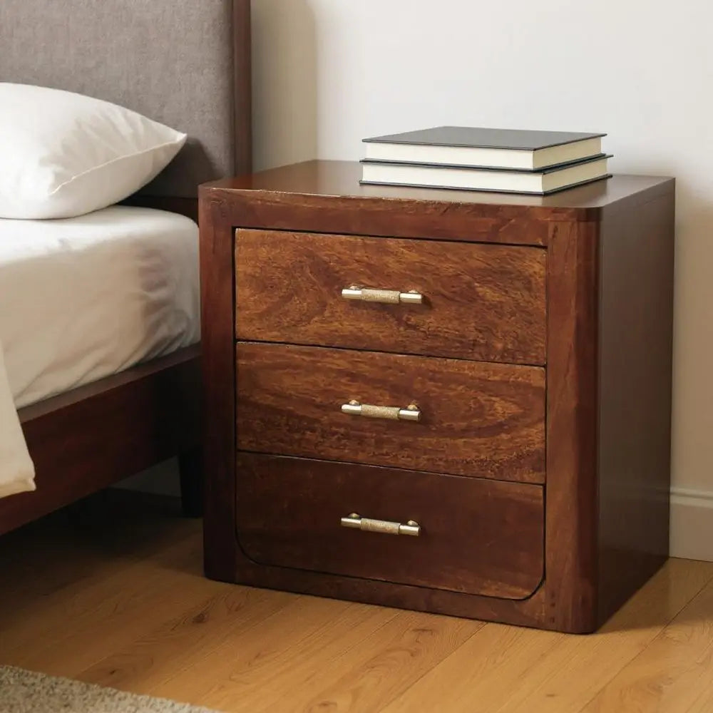 18" Brown Solid Wood Three Drawer Nightstand - NOBLE HOME INTERIORS