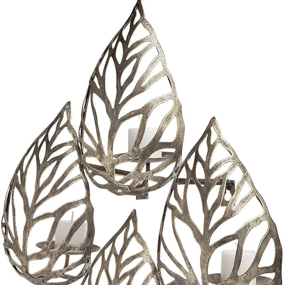 18" Champagne Distressed Botanical Leaf Metal Wall Sconce Candle Holder HomeRoots
