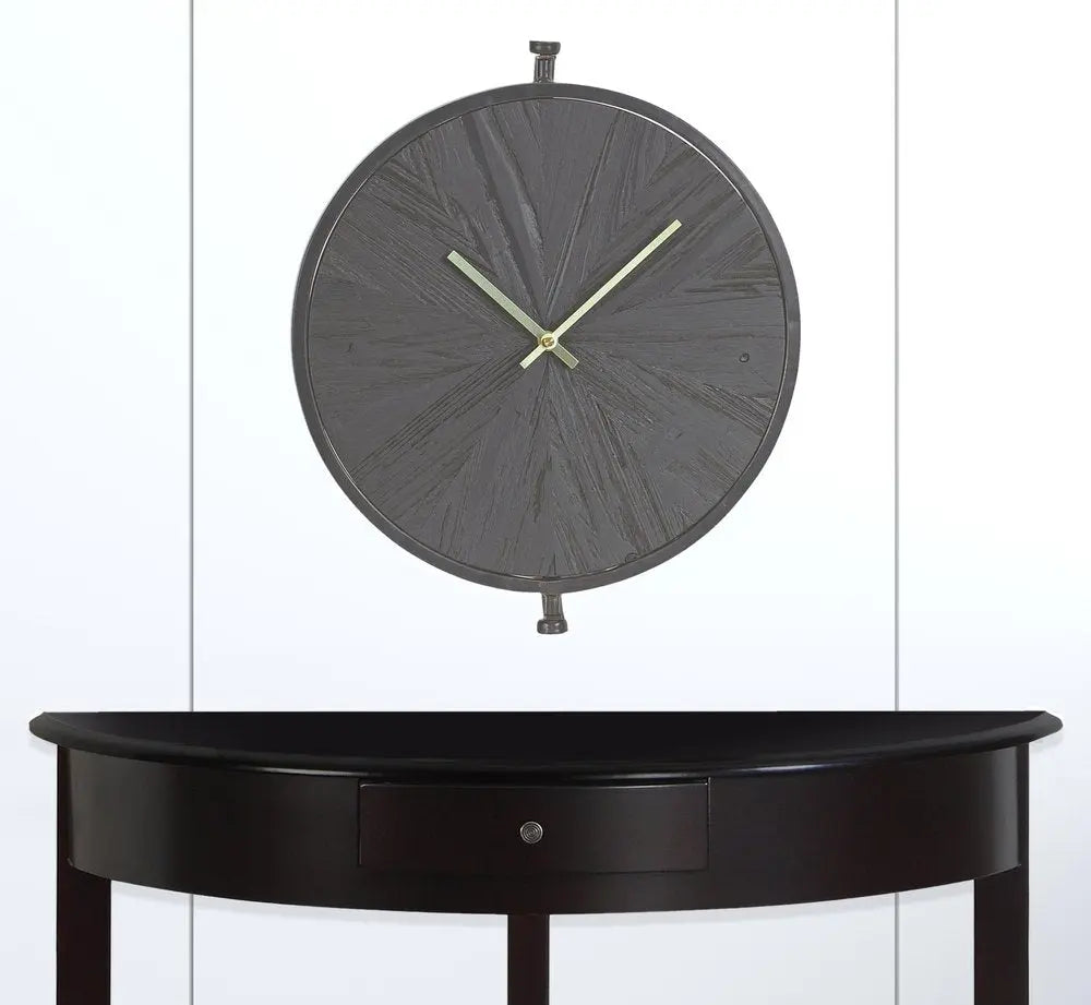18" Circle Black Wood and Solid Wood Analog Wall Clock - NOBLE HOME INTERIORS