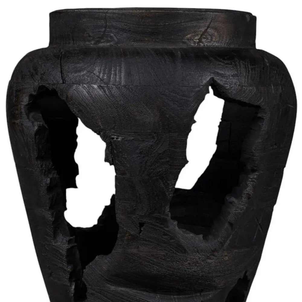 18" Ebony And Black Abstract Solid Wood Table Vase With Sculptural Details - NOBLE HOME INTERIORS
