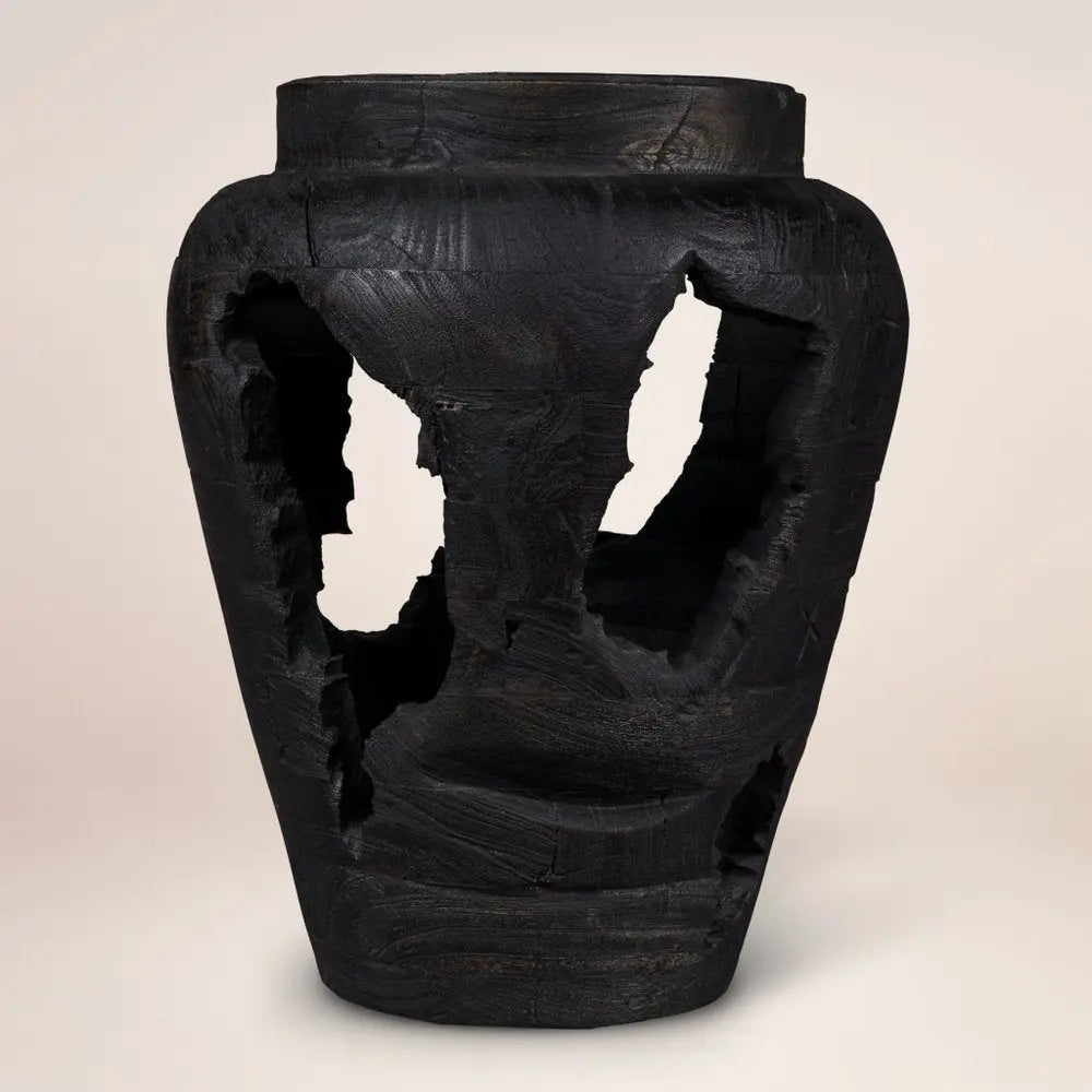 18" Ebony And Black Abstract Solid Wood Table Vase With Sculptural Details - NOBLE HOME INTERIORS