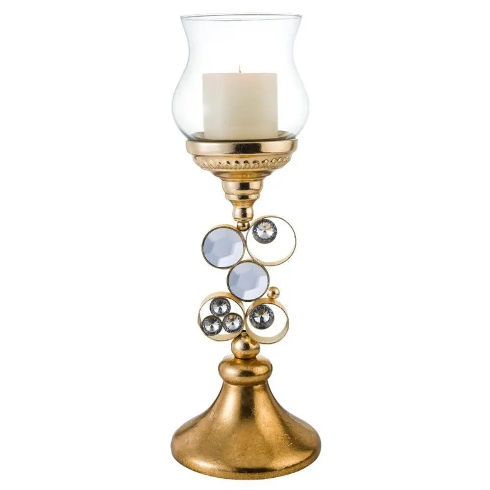 18" Gold and Faux Crystal Bling Tabletop Hurricane Candle Holder - NOBLE HOME INTERIORS