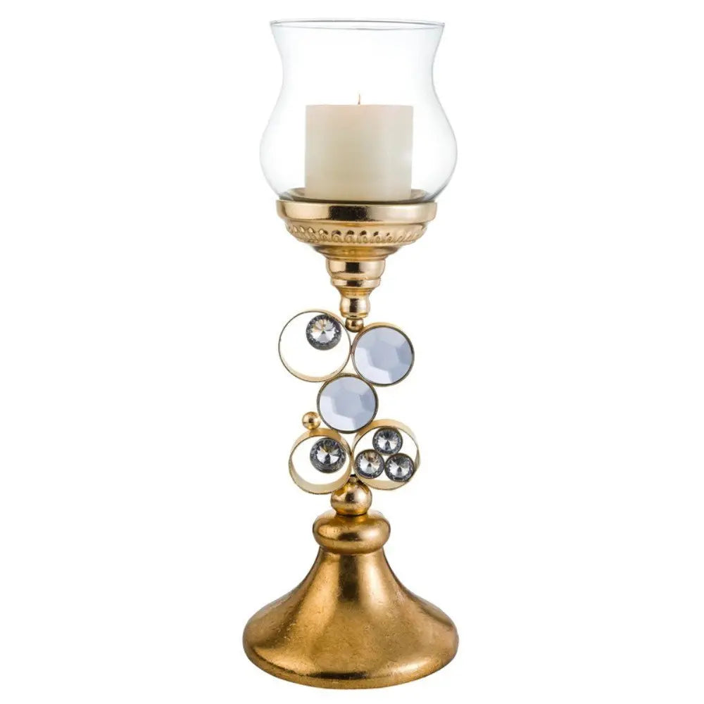 18" Gold and Faux Crystal Bling Tabletop Hurricane Candle Holder - NOBLE HOME INTERIORS