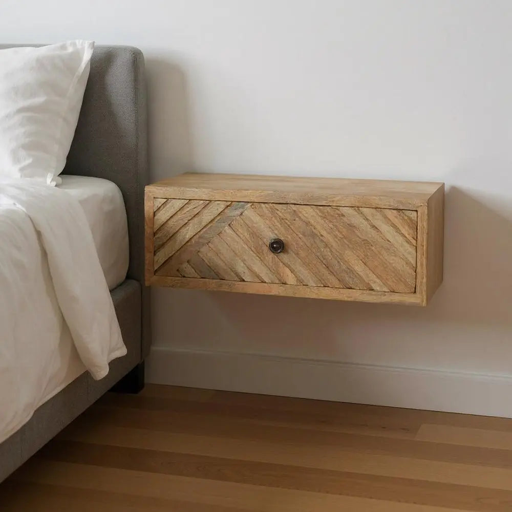 18" Natural Solid Wood Carved Geometric One Drawer Floating Nightstand - NOBLE HOME INTERIORS