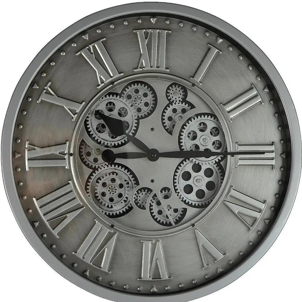 18" Silver And Black Metal Silent Skeleton Exposed Gear Round Wall Clock HomeRoots