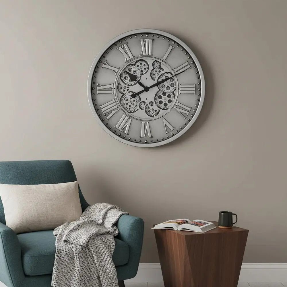 18" Silver And Black Metal Silent Skeleton Exposed Gear Round Wall Clock HomeRoots