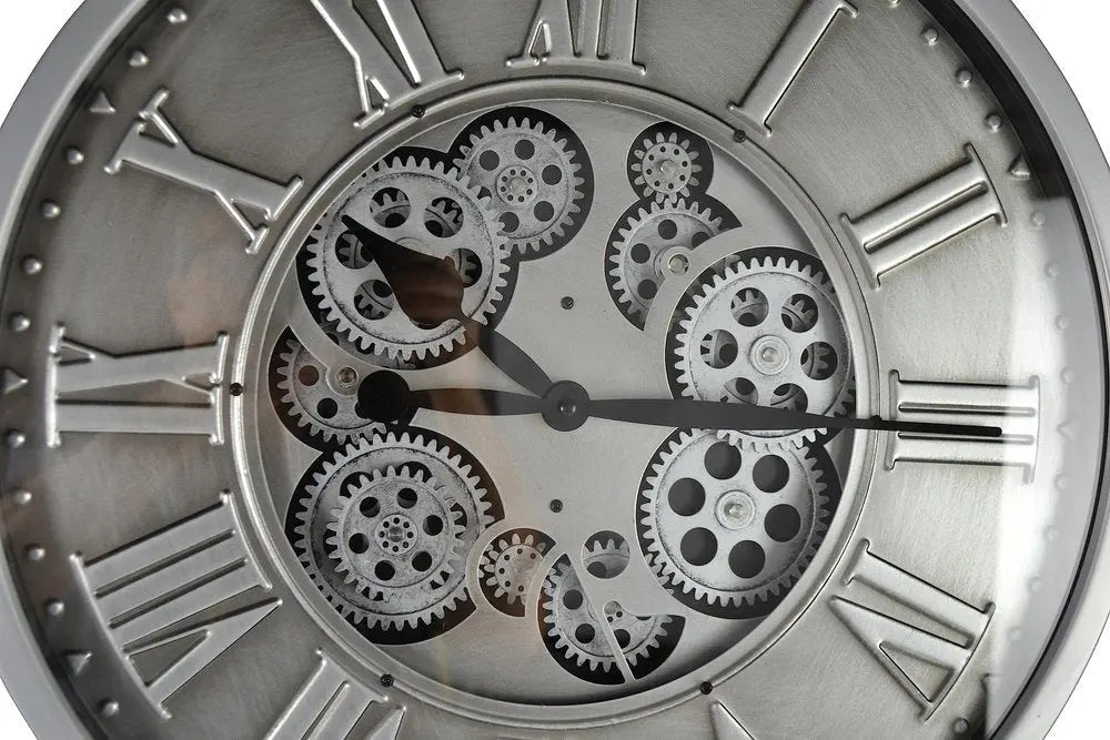 18" Silver And Black Metal Silent Skeleton Exposed Gear Round Wall Clock HomeRoots