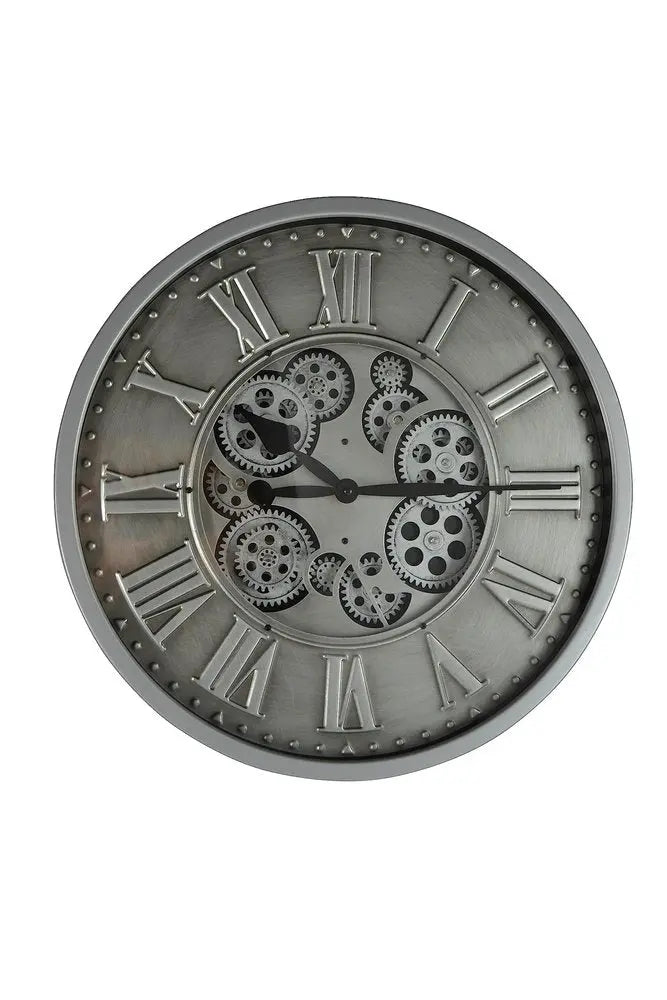 18" Silver And Black Metal Silent Skeleton Exposed Gear Round Wall Clock HomeRoots