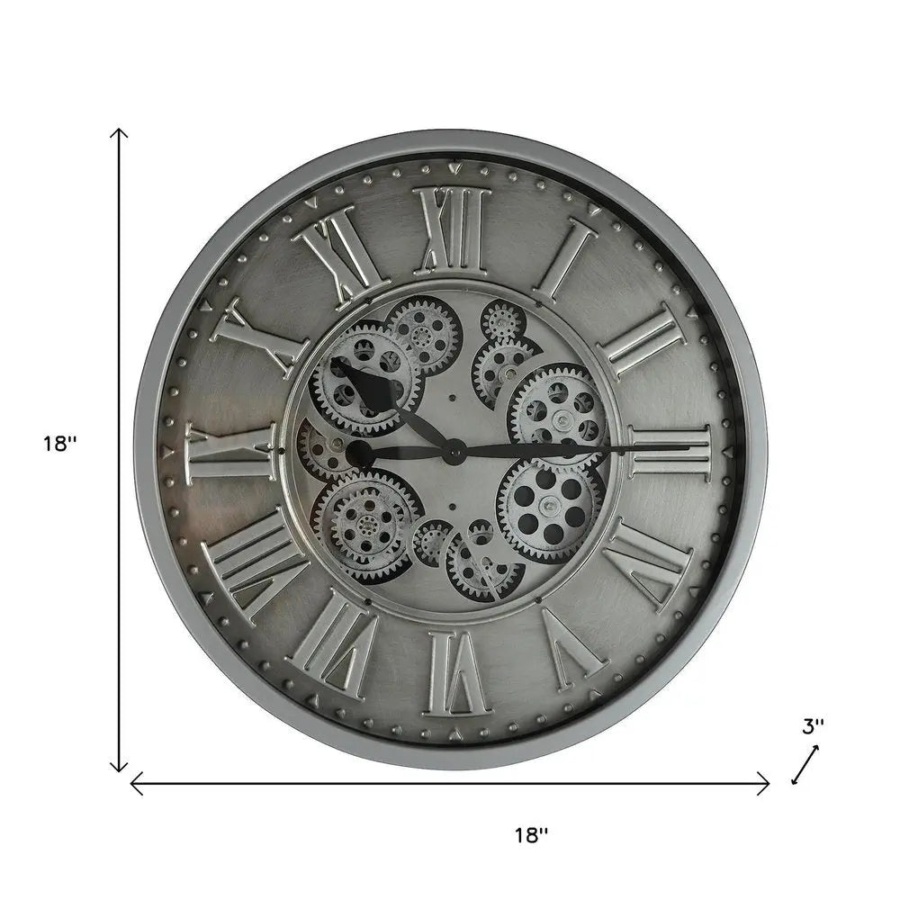 18" Silver And Black Metal Silent Skeleton Exposed Gear Round Wall Clock HomeRoots