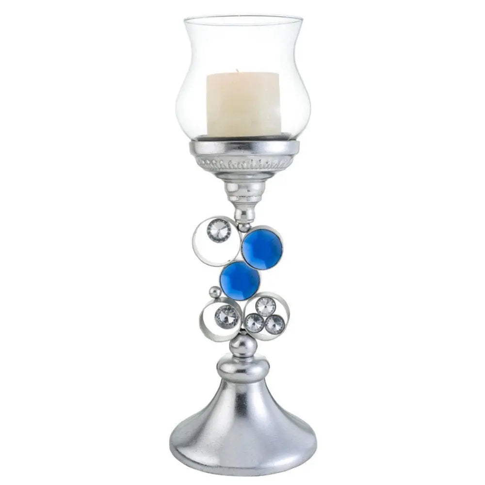18" Silver and Blue Faux Crystal Bling Hurricane Candle Holder - NOBLE HOME INTERIORS