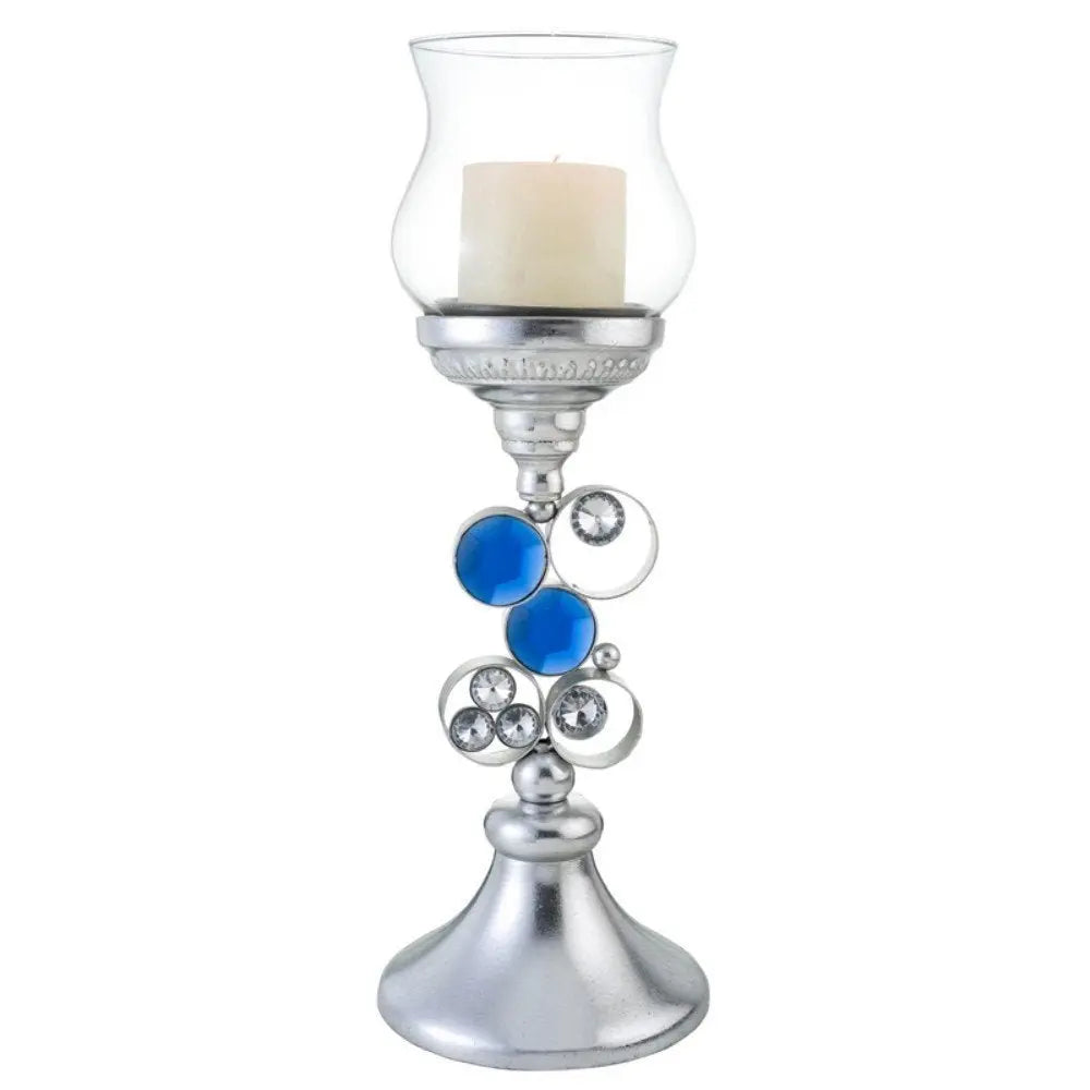 18" Silver and Blue Faux Crystal Bling Hurricane Candle Holder - NOBLE HOME INTERIORS