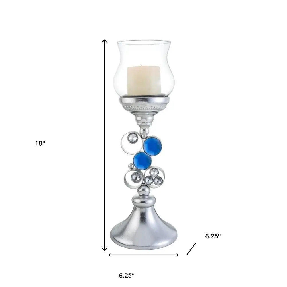 18" Silver and Blue Faux Crystal Bling Hurricane Candle Holder - NOBLE HOME INTERIORS