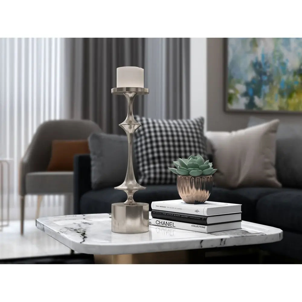 18" Silver Distressed Geometric Metal Tabletop Candle Holder - NOBLE HOME INTERIORS