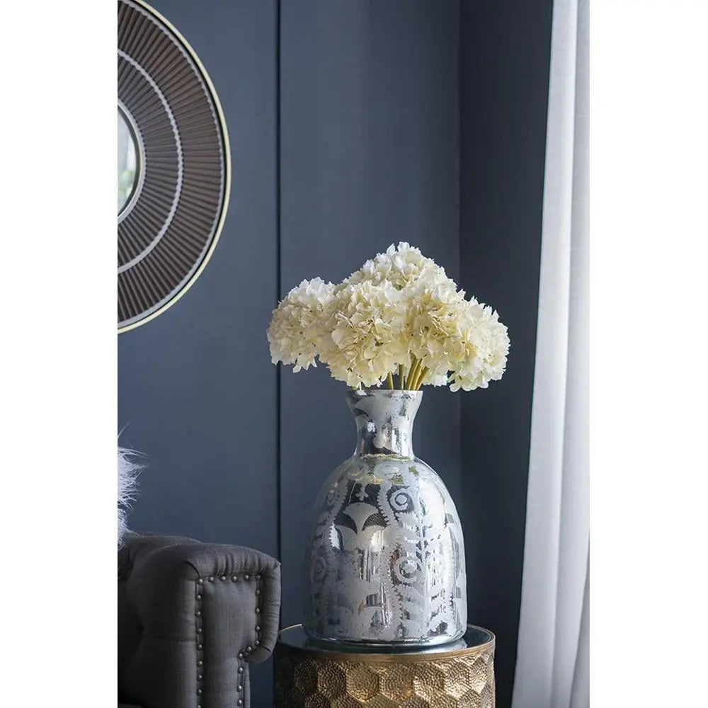 18" Silver Floral Round Glass Table Vase - NOBLE HOME INTERIORS