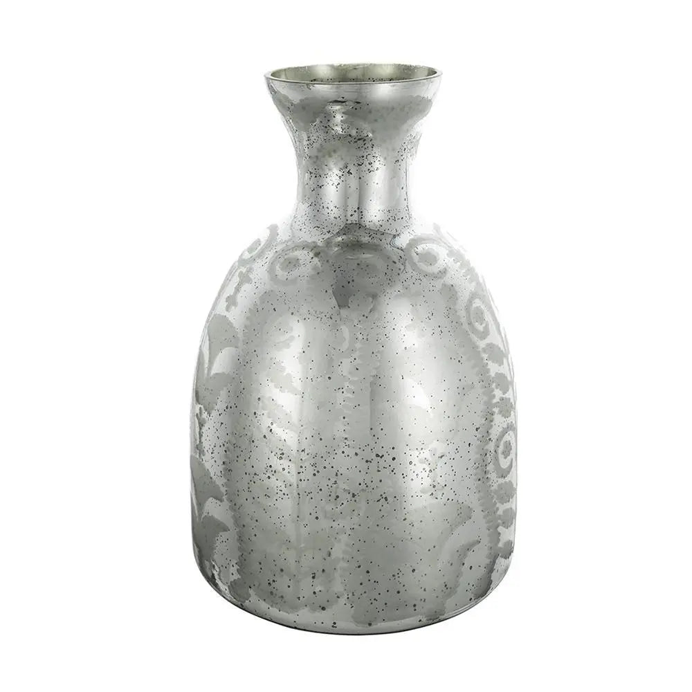 18" Silver Floral Round Glass Table Vase - NOBLE HOME INTERIORS