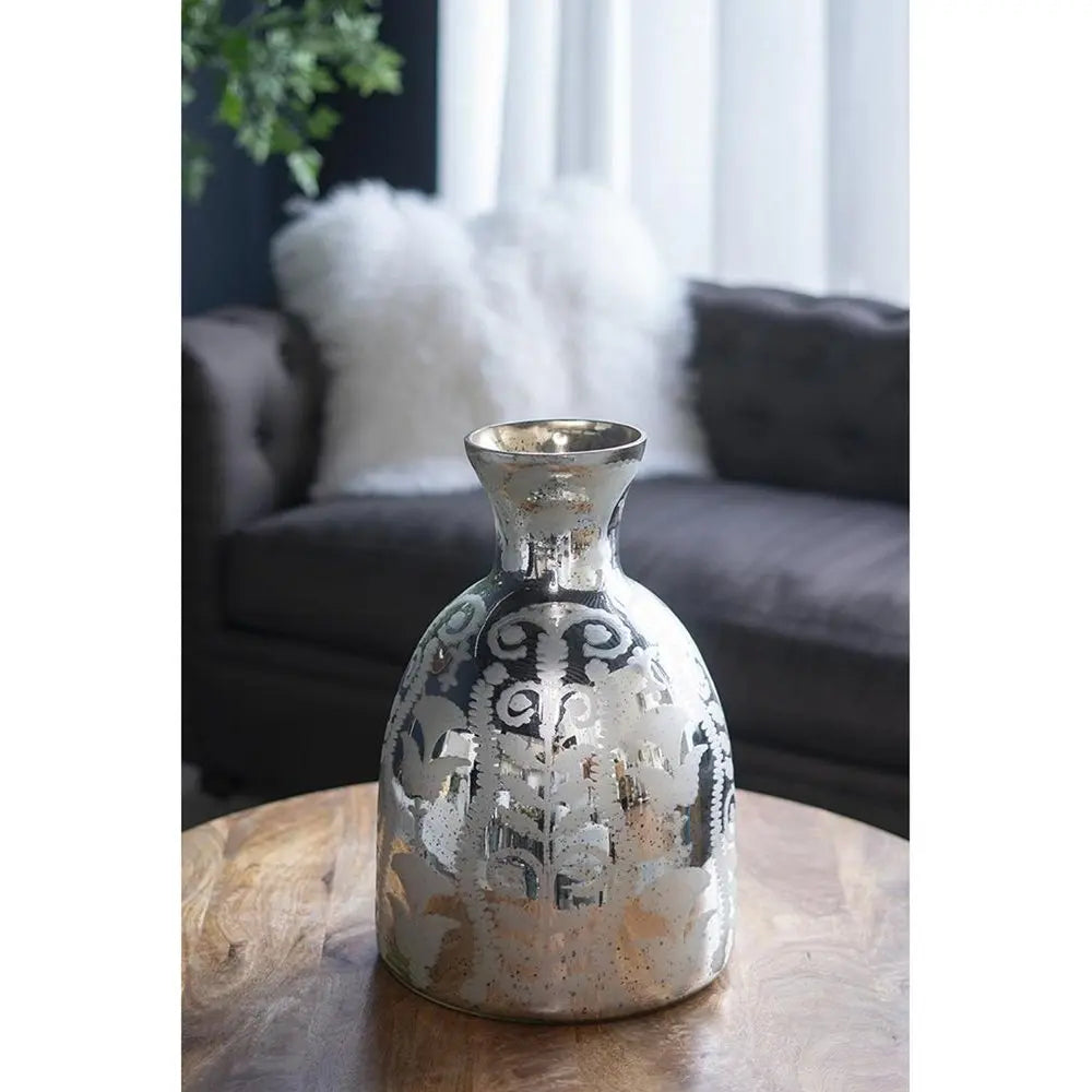 18" Silver Floral Round Glass Table Vase - NOBLE HOME INTERIORS