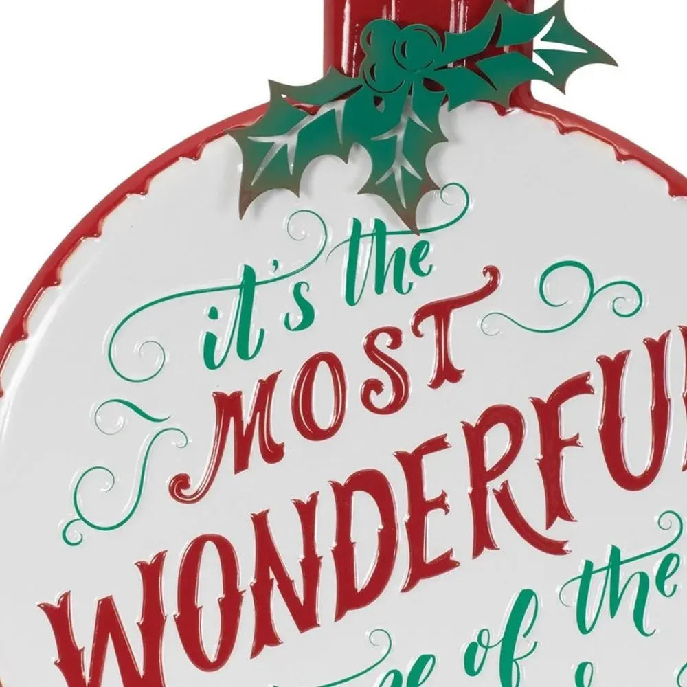 18" X 14" White Green And Red Metal Christmas Ball Hanging Wall Decor - NOBLE HOME INTERIORS