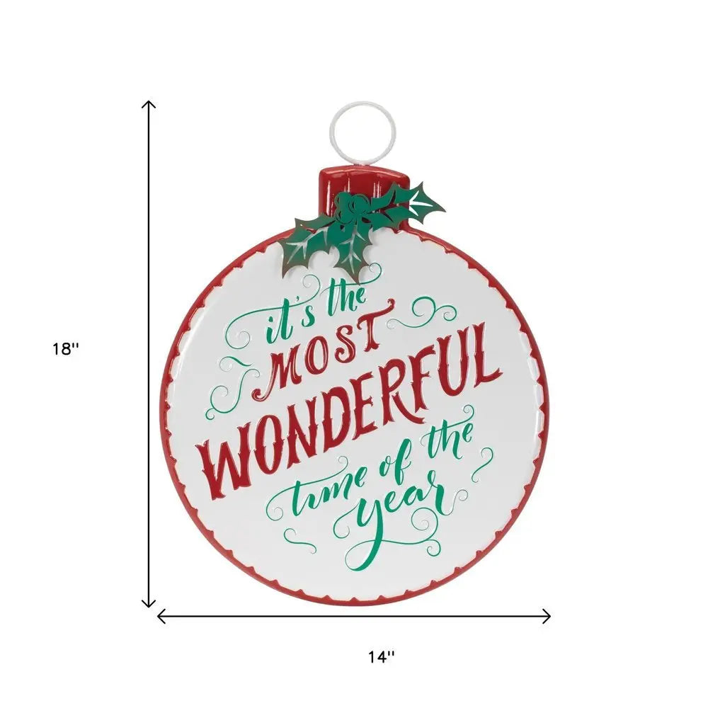 18" X 14" White Green And Red Metal Christmas Ball Hanging Wall Decor - NOBLE HOME INTERIORS