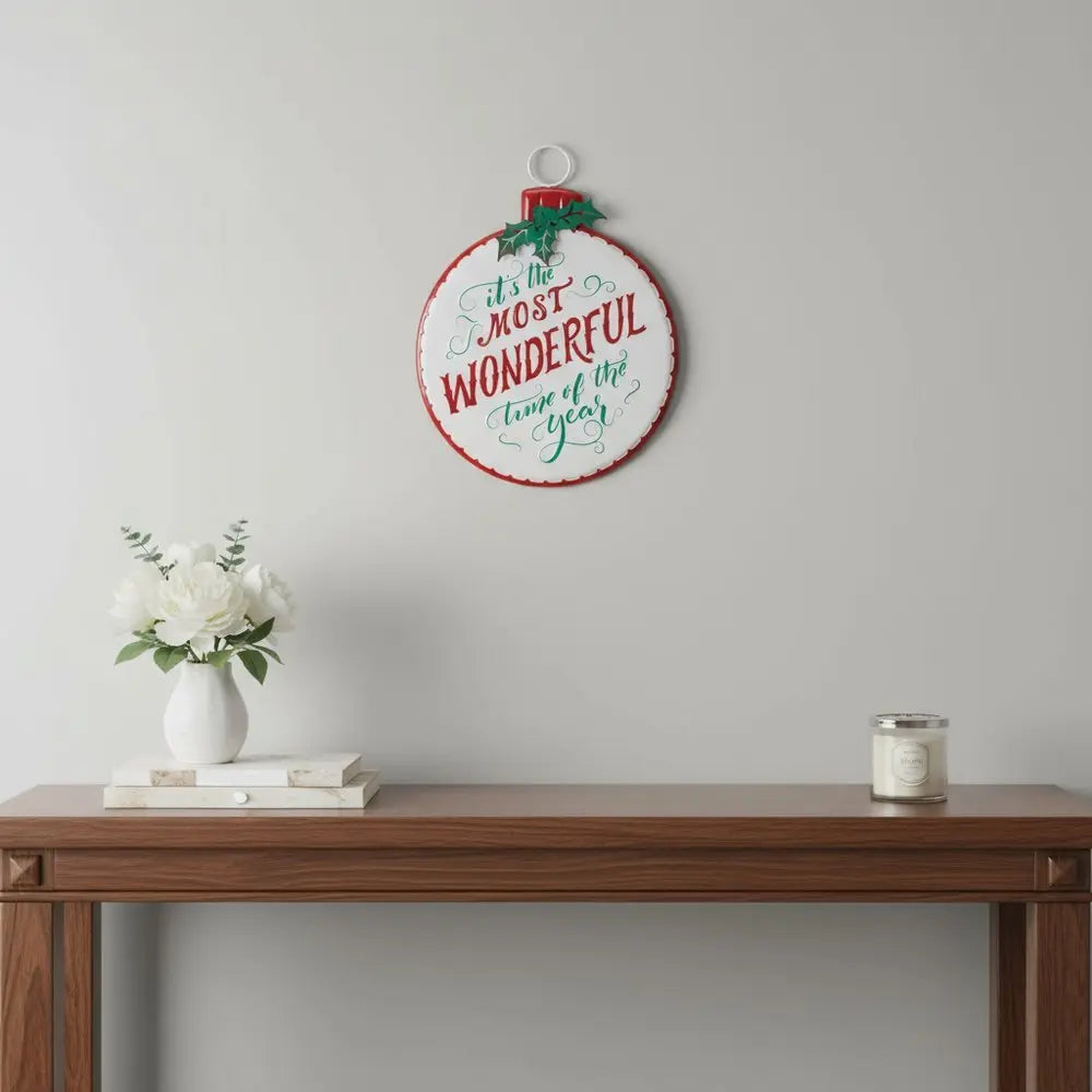 18" X 14" White Green And Red Metal Christmas Ball Hanging Wall Decor - NOBLE HOME INTERIORS