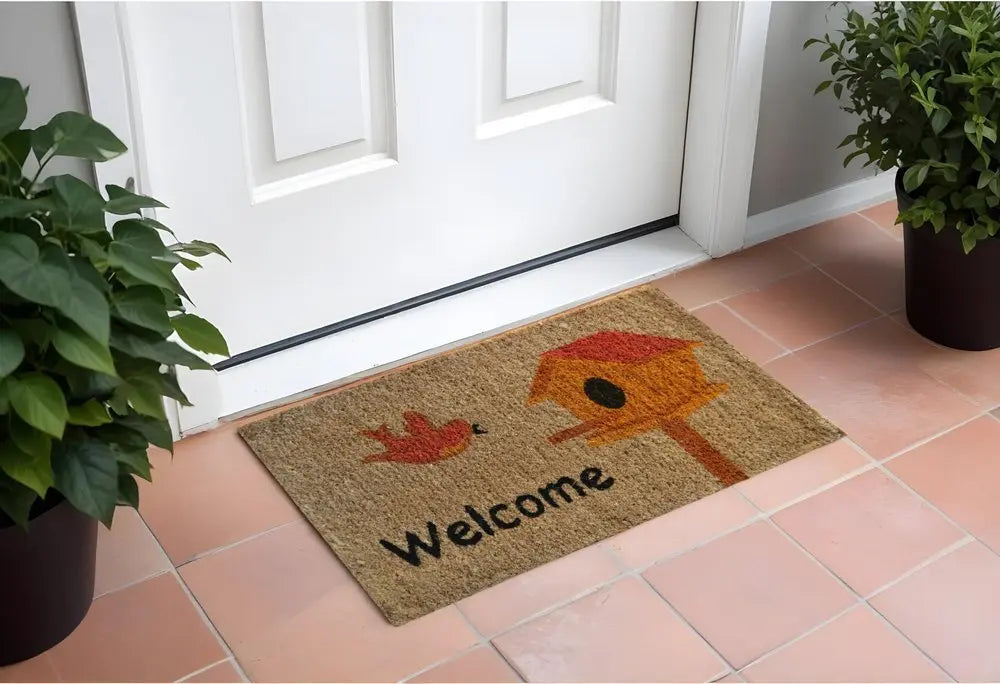 18" X 30" Beige and Black Coir Bird Welcome Outdoor Door Mat - NOBLE HOME INTERIORS