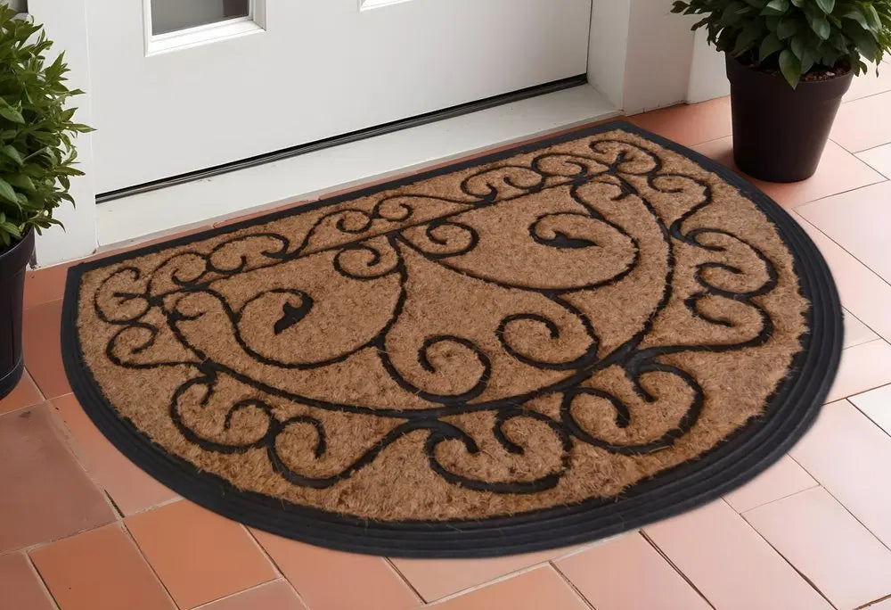 18" X 30" Beige and Black Rubber and Coir Outdoor Semi Circle Door Mat - NOBLE HOME INTERIORS