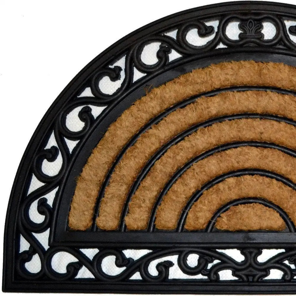 18" X 30" Beige and Black Rubber and Coir Outdoor Semi Circle Door Mat - NOBLE HOME INTERIORS