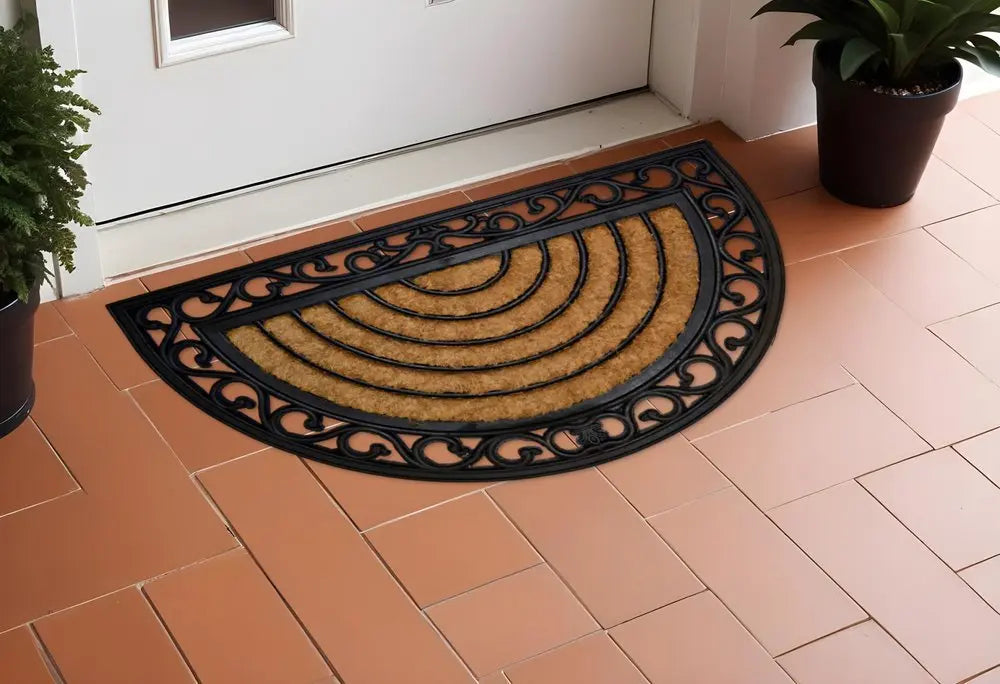 18" X 30" Beige and Black Rubber and Coir Outdoor Semi Circle Door Mat - NOBLE HOME INTERIORS