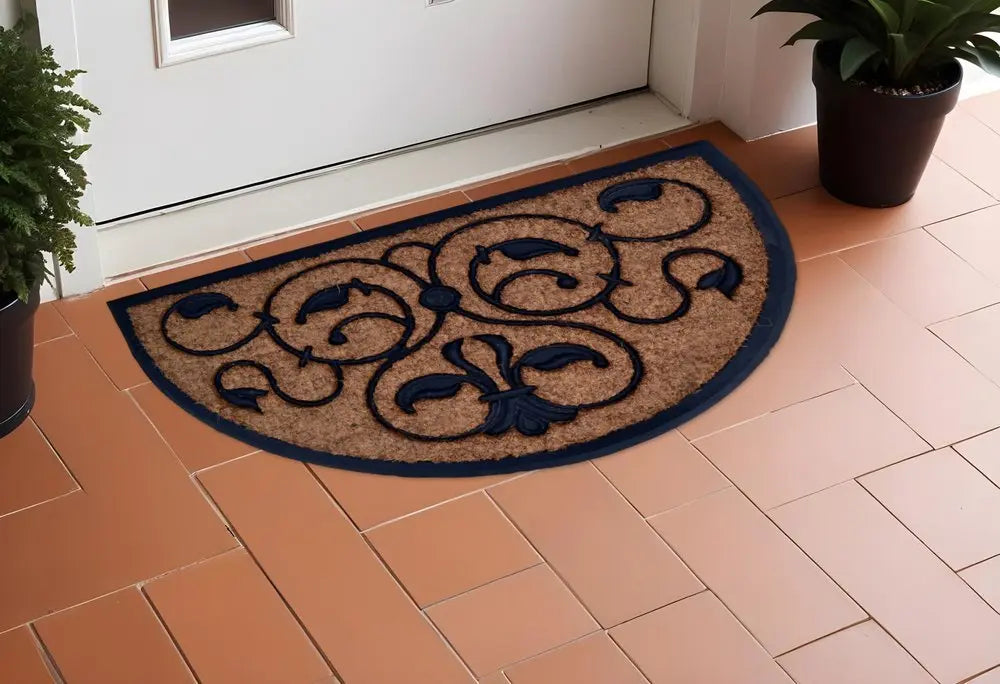 18" X 30" Beige and Black Rubber and Coir Outdoor Semi Circle Door Mat - NOBLE HOME INTERIORS