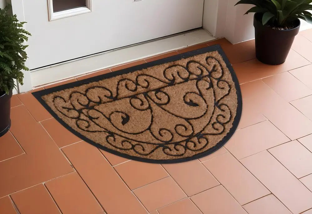 18" X 30" Beige and Black Rubber and Coir Outdoor Semi Circle Door Mat - NOBLE HOME INTERIORS