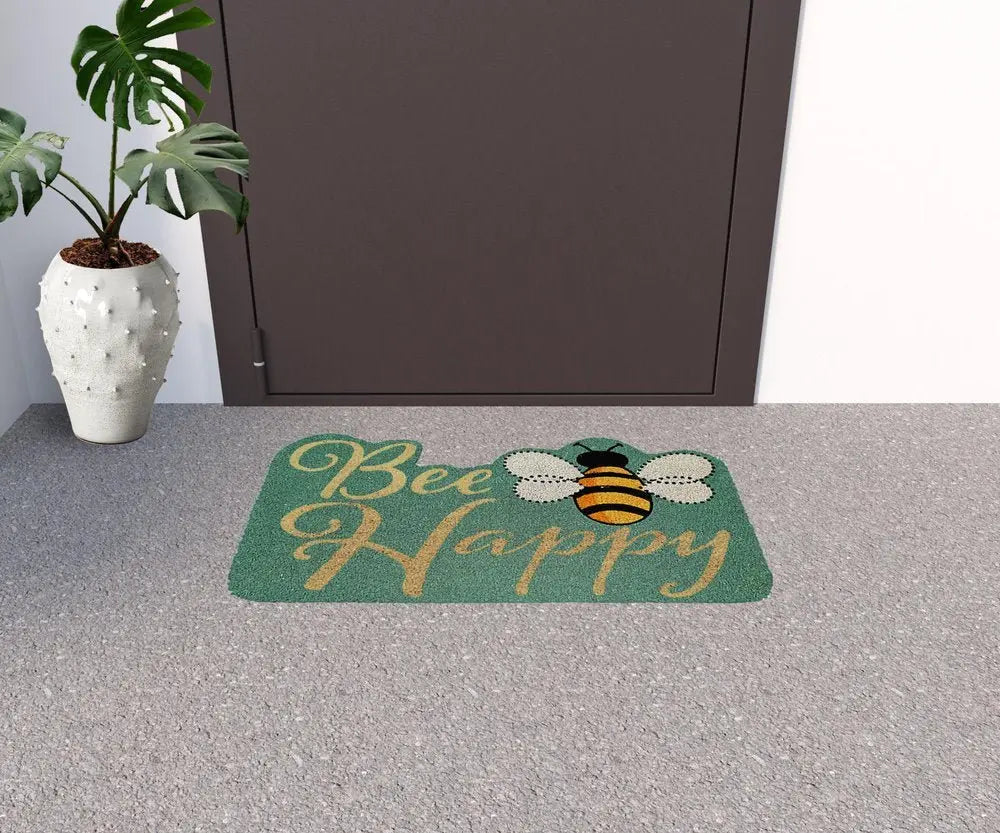18" X 30" Beige and Green Coir Bees Outdoor Door Mat - NOBLE HOME INTERIORS