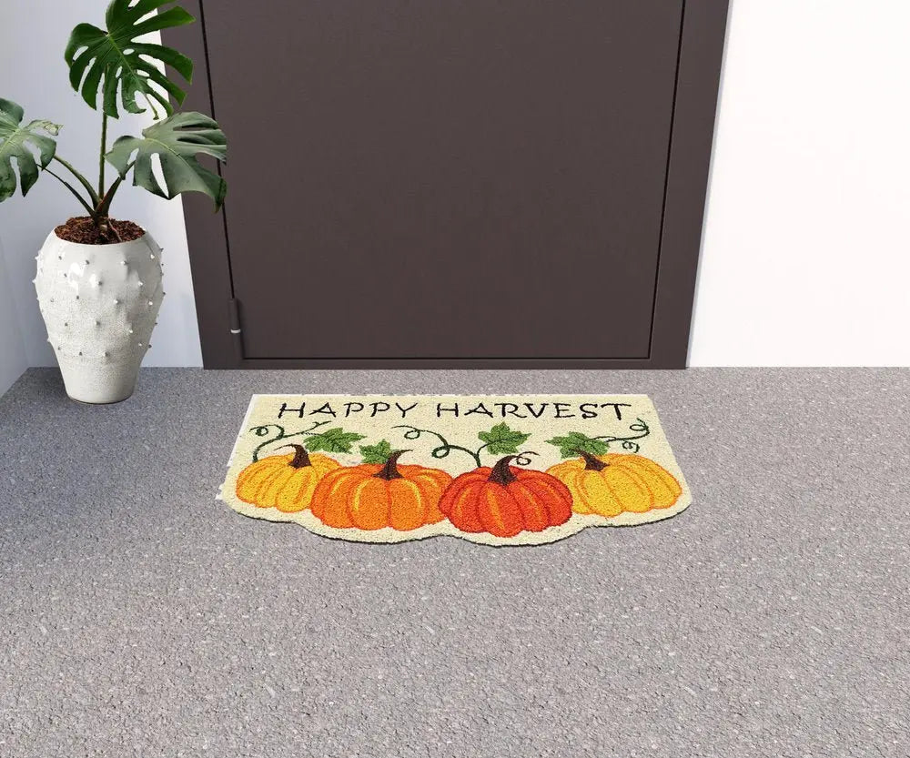 18" X 30" Beige and Orange Coir Pumpkins and Leaves Outdoor Thanksgiving Door Mat - NOBLE HOME INTERIORS