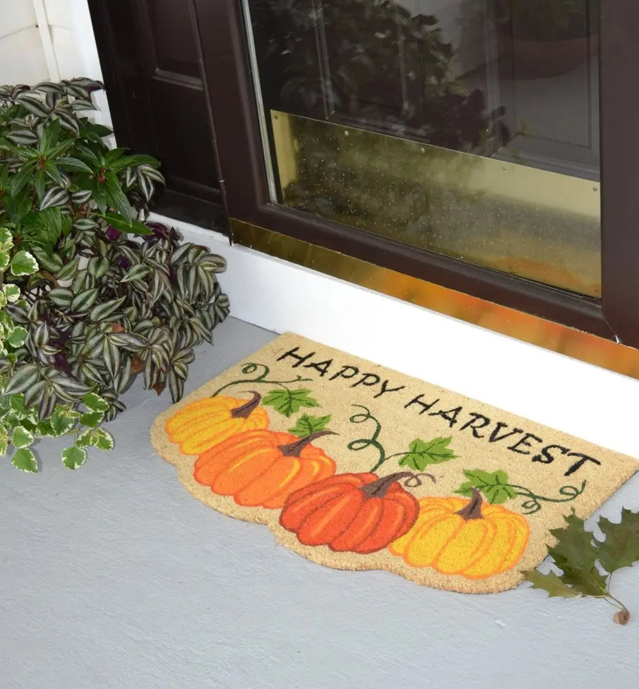 18" X 30" Beige and Orange Coir Pumpkins and Leaves Outdoor Thanksgiving Door Mat - NOBLE HOME INTERIORS