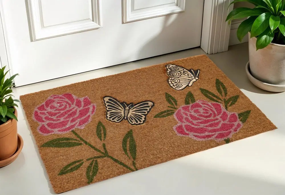 18" X 30" Beige and Pink Coir Floral Outdoor Door Mat - NOBLE HOME INTERIORS