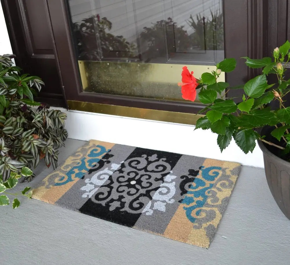 18" X 30" Beige and White Coir Damask Outdoor Door Mat - NOBLE HOME INTERIORS