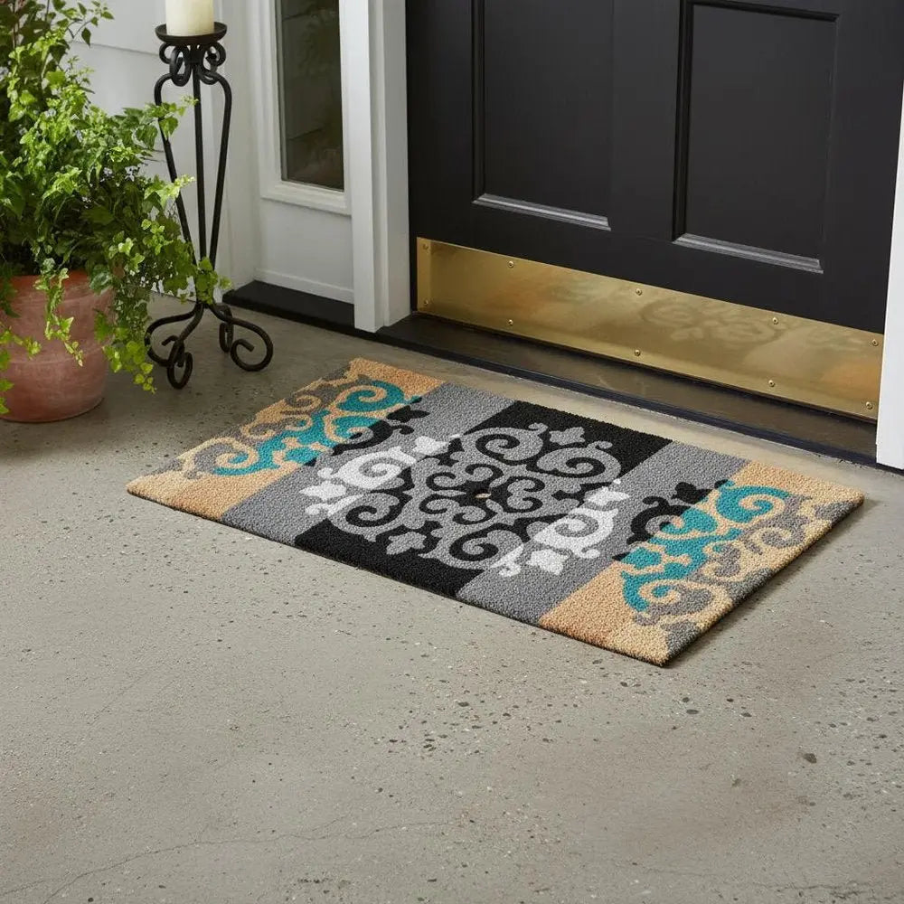 18" X 30" Beige and White Coir Damask Outdoor Door Mat - NOBLE HOME INTERIORS
