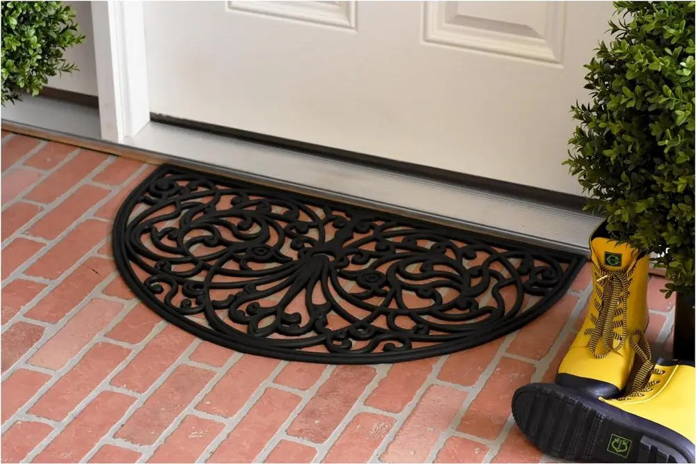 18" X 30" Black Rubber Scrollwork Welcome Outdoor Semi Circle Door Mat - NOBLE HOME INTERIORS