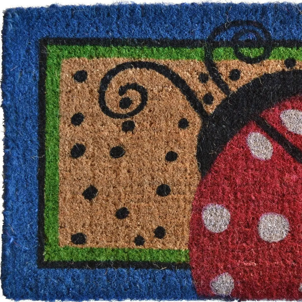 18" X 30" Blue and Brown Coir Ladybug Outdoor Door Mat - NOBLE HOME INTERIORS