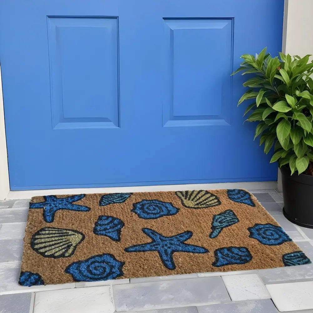 18" X 30" Blue and Brown Coir Seashells Outdoor Door Mat - NOBLE HOME INTERIORS
