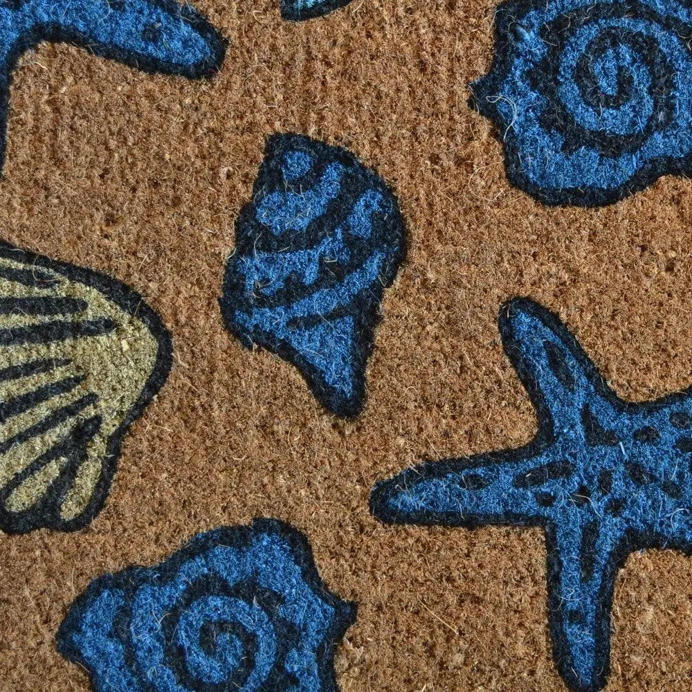18" X 30" Blue and Brown Coir Seashells Outdoor Door Mat - NOBLE HOME INTERIORS