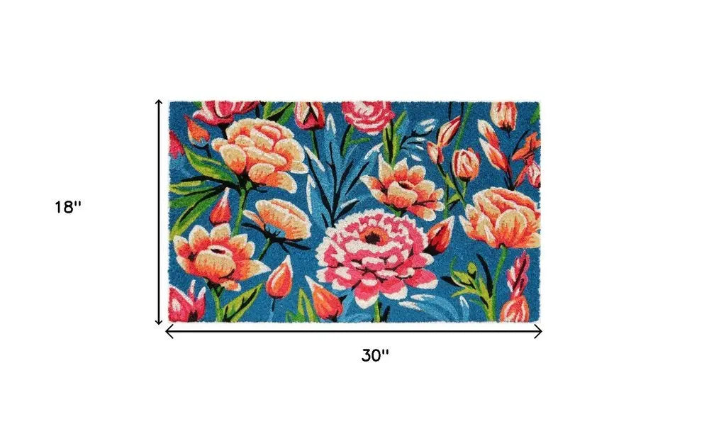 18" X 30" Blue and Pink Coir Floral Outdoor Door Mat - NOBLE HOME INTERIORS