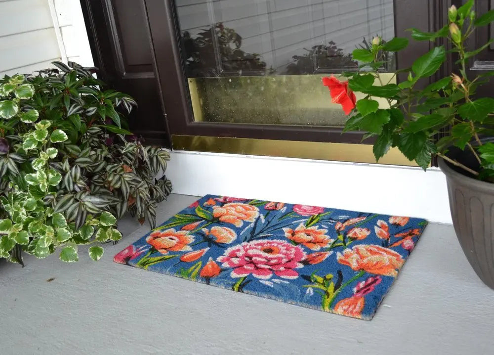 18" X 30" Blue and Pink Coir Floral Outdoor Door Mat - NOBLE HOME INTERIORS