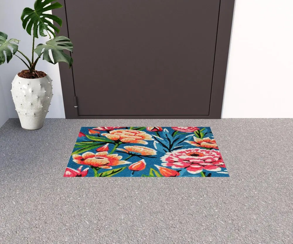 18" X 30" Blue and Pink Coir Floral Outdoor Door Mat - NOBLE HOME INTERIORS