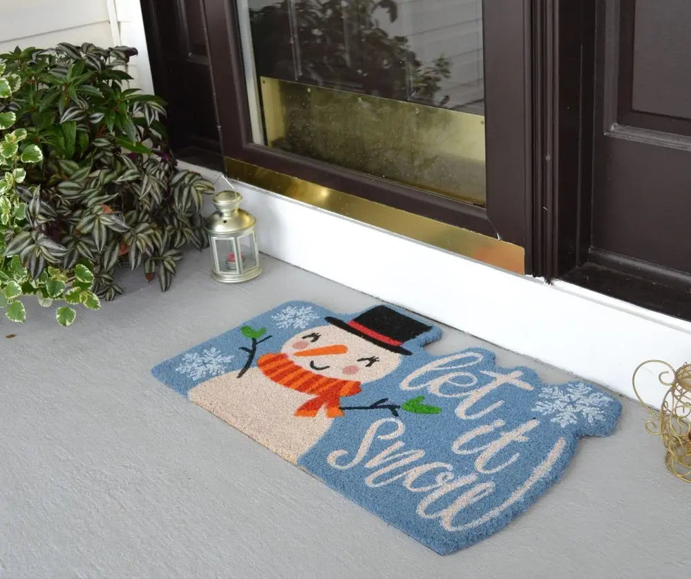 18" X 30" Blue and White Coir Snowman Outdoor Winter Door Mat - NOBLE HOME INTERIORS