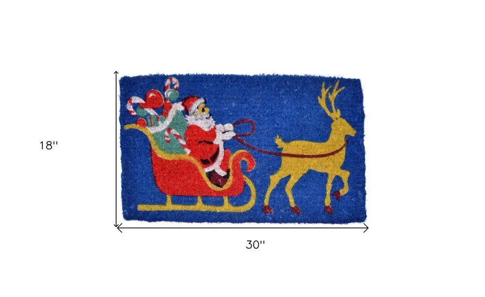 18" X 30" Blue and Yellow Coir Santa Claus Outdoor Holiday Door Mat - NOBLE HOME INTERIORS