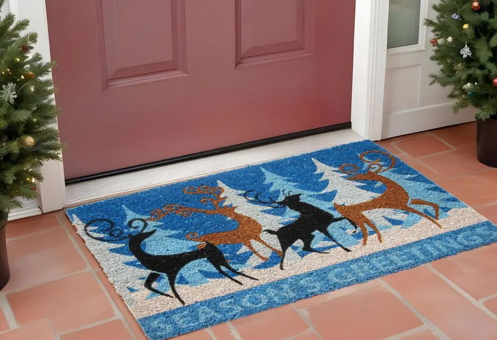 18" X 30" Blue Coir Deer Seasons Greetings Outdoor Holiday Door Mat - NOBLE HOME INTERIORS
