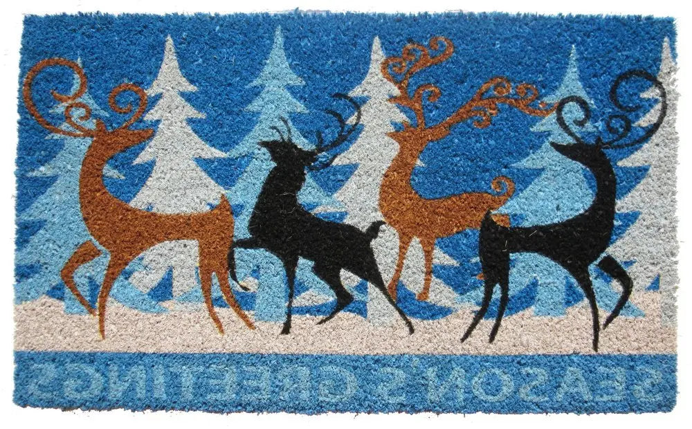 18" X 30" Blue Coir Deer Seasons Greetings Outdoor Holiday Door Mat - NOBLE HOME INTERIORS