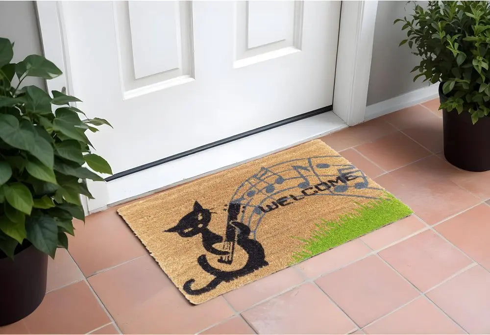 18" X 30" Brown and Black Coir Cat Welcome Outdoor Door Mat - NOBLE HOME INTERIORS