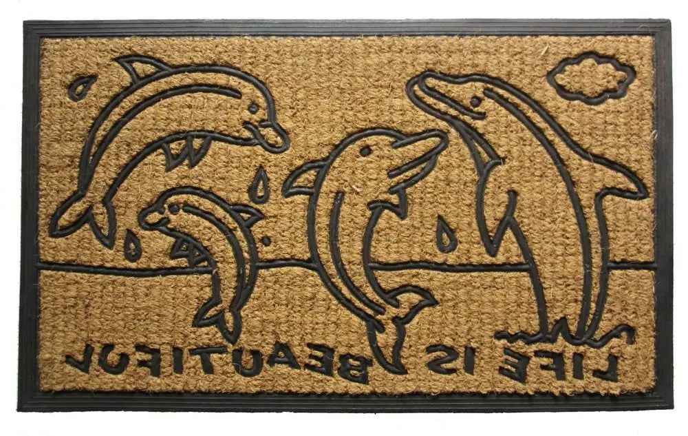 18" X 30" Brown and Black Rubber And Coir Dolphin Life is Beautiful Outdoor Door Mat - NOBLE HOME INTERIORS