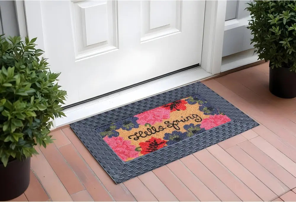 18" X 30" Brown and Black Rubber and Coir Spring Summer Outdoor Door Mat With Inserts - NOBLE HOME INTERIORS