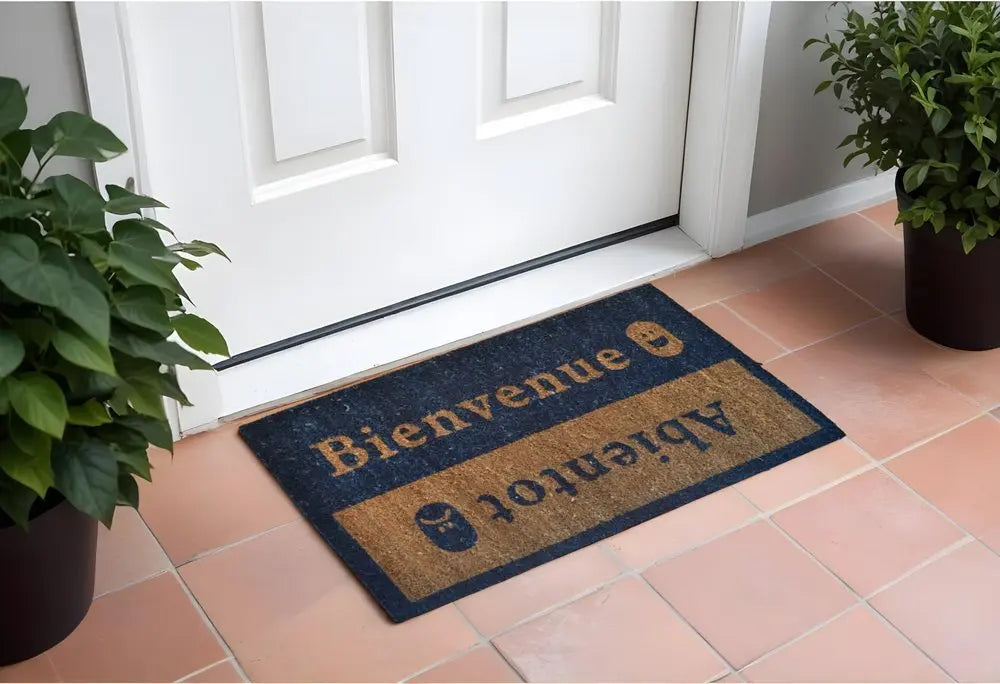 18" X 30" Brown and Blue Coir Bienvenue Abientot Outdoor Door Mat - NOBLE HOME INTERIORS